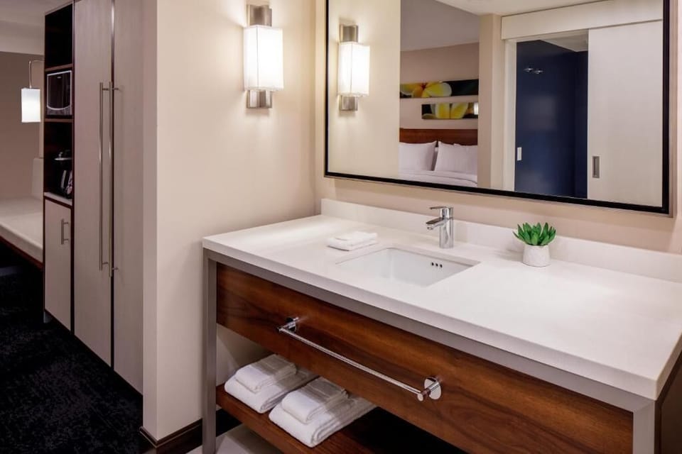 Refresh at the spacious vanity with bright mirror lighting.