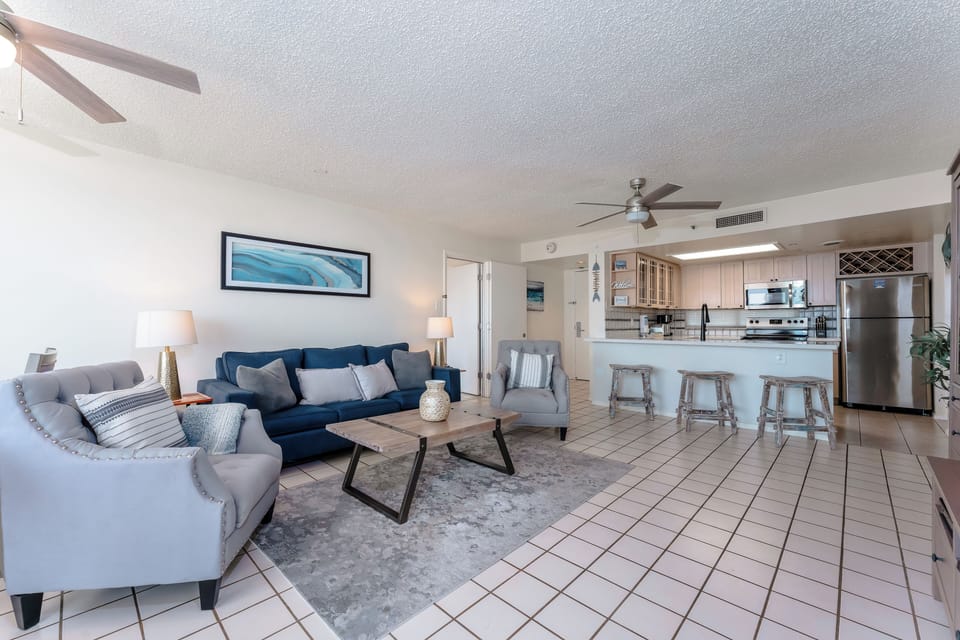 With cool tones and beachy touches, our living space has the vibes and space you've been looking for!