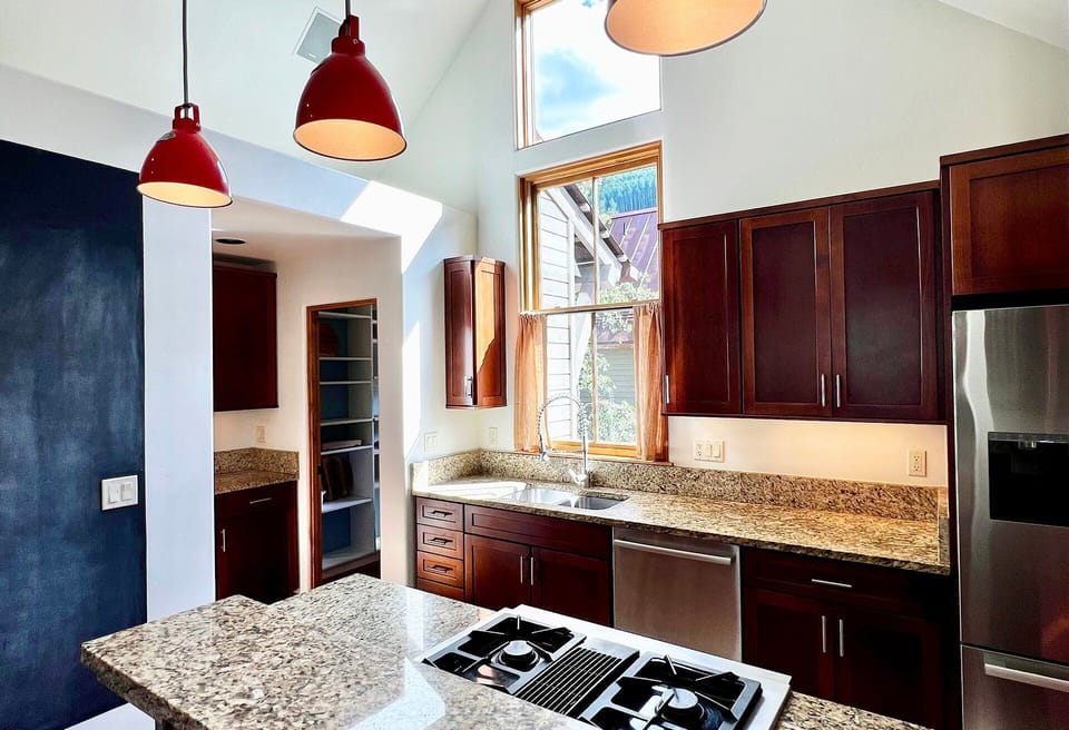 This spacious kitchen offers ample room for cooking, featuring top-of-the-line stainless steel appliances, a gas stove, and a full walk-in pantry for added convenience.