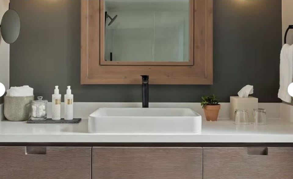 Refresh at a sleek vanity with spa-like countertop space.