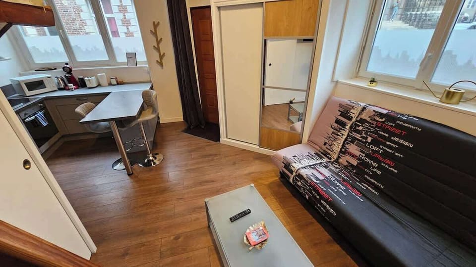 Espace salon avec télévision et canapé convertible pour deux personnes, ouvert sur la cuisine.
Les draps (housses de couette, drap housse, taies d'oreillers, serviettes) se trouvent dans l'armoire avec la porte vitrée.
Un lit bébé est sous le canapé.