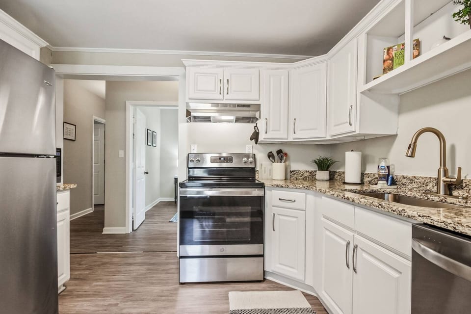 Kitchen and hallway view from double doors