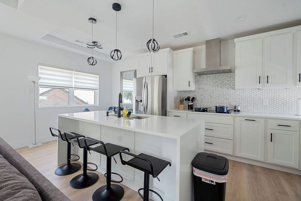 Open concept kitchen, well stocked