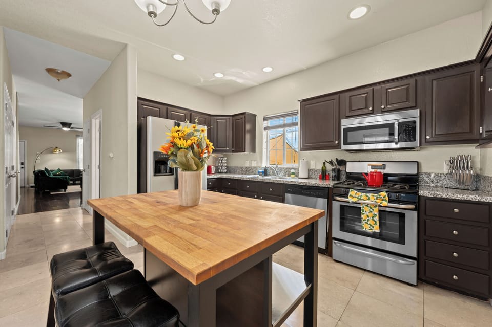 Modern appliances, ample counter space, perfect for cooking and meals.