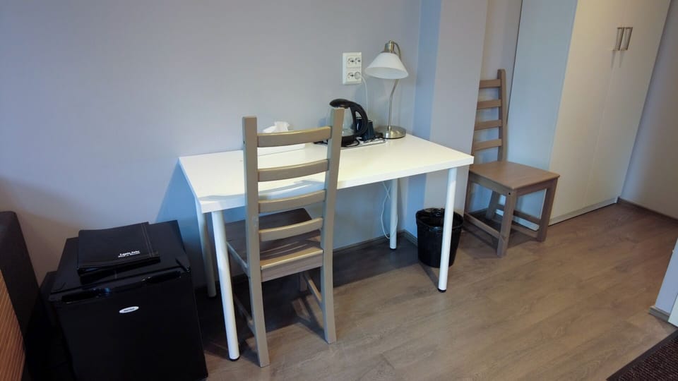 Table and small fridge