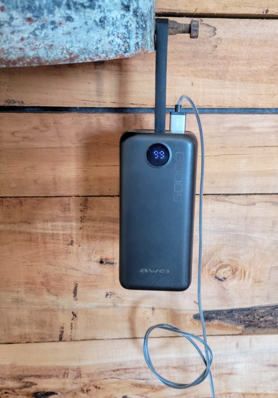 There is a power pack in the hut to charge your devices. 