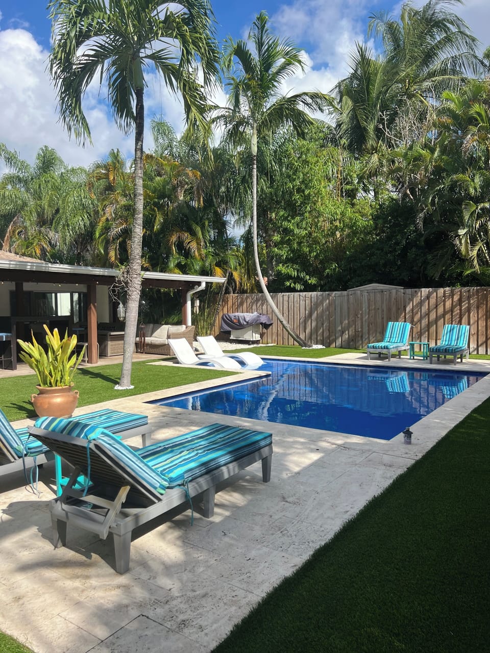 Many lounge chairs around pool. New turf recently installed too.