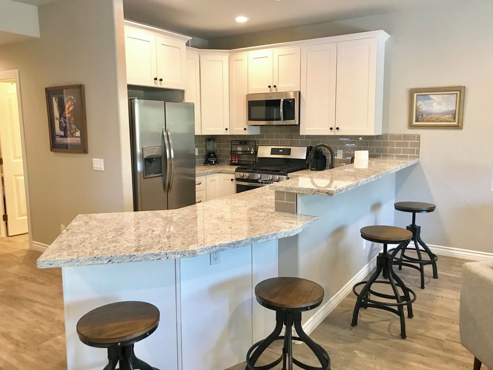 Spacious kitchen with counter seating