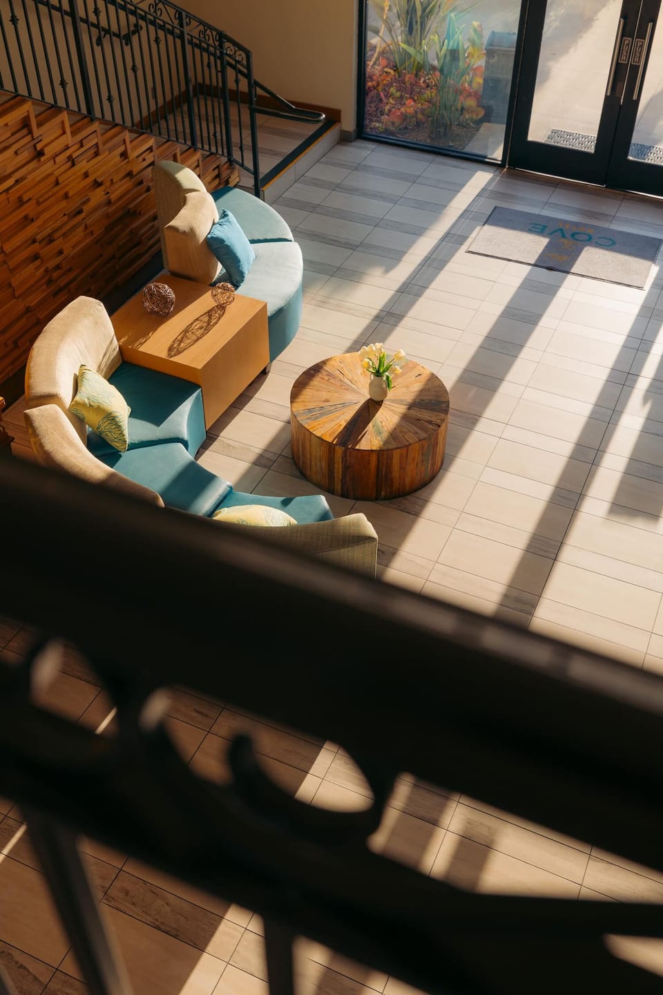 Look down on stylish lounge seating with warm, modern design.