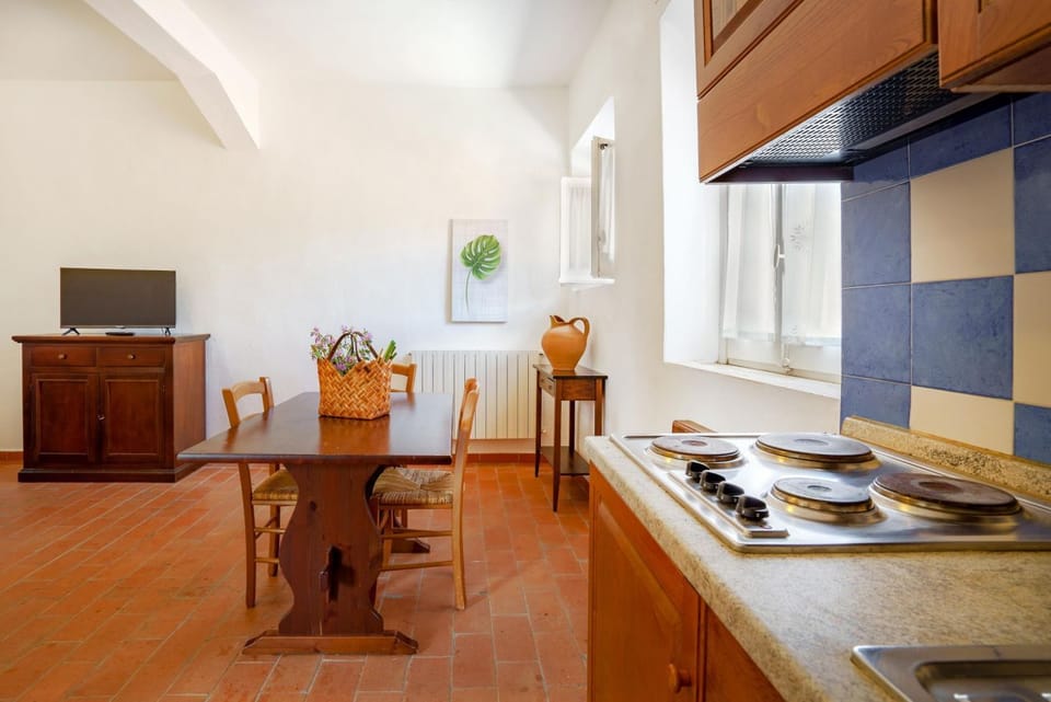 Three-room apartment on the ground or first floor in rustic style of approximately 40 m2 furnished in a simple but functional way and located in the village in a large park.It is composed of a living room with sofa and flat-screen television, kitchenette Apartment in Tuscany