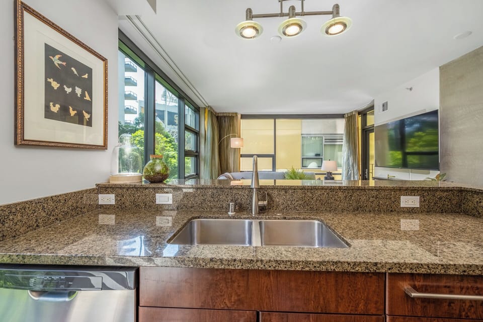 Sink overlooking dining/living room and Petco Park.