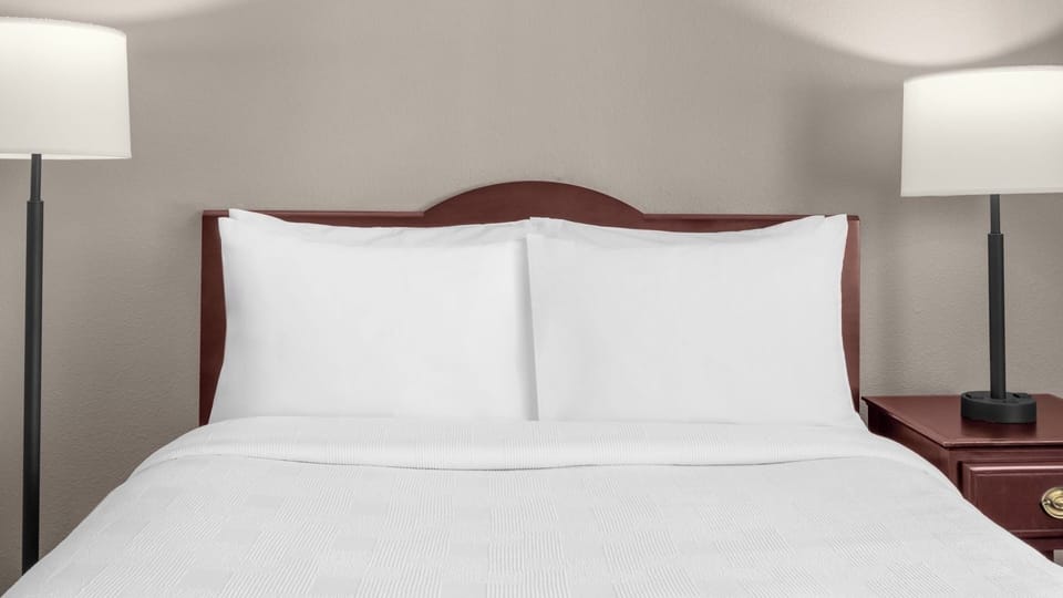 Drift off on crisp linens framed by warm bedside lighting.