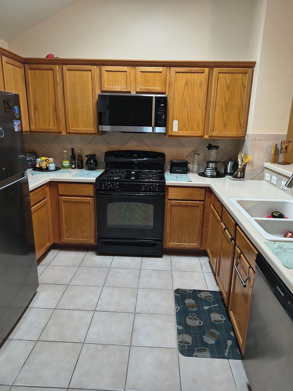 Microwave, indoor, coffee and or coffee maker, kitchen, oven, refrigerator, stovetop