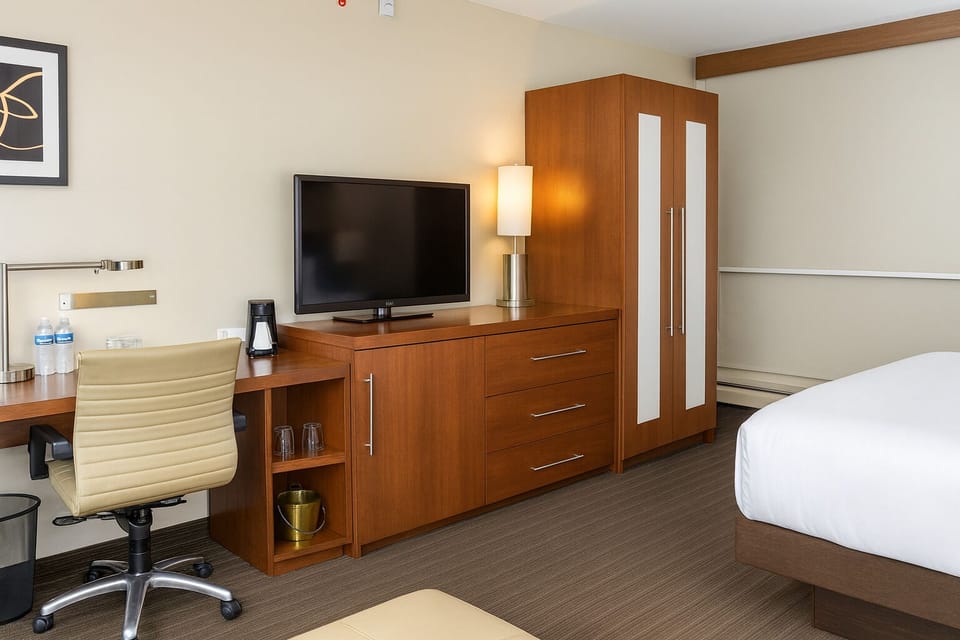 Catch up on emails at the practical desk and media console.
