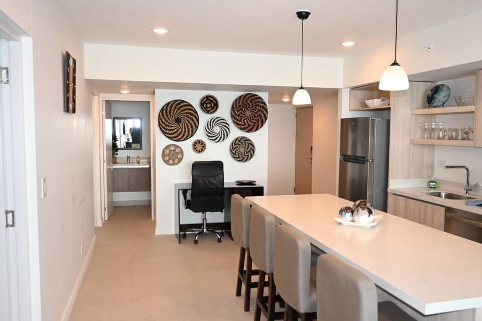 View from living room of kitchen/office space