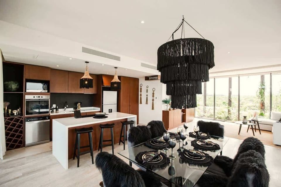 View to the kitchen, dining room and living room.