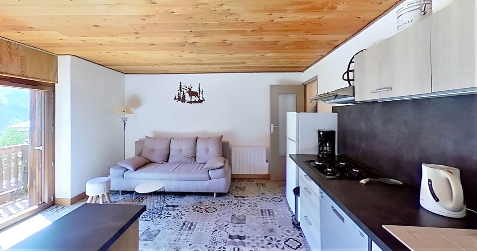 The open-plan living and kitchen area features a comfortable sofa that doubles as a bed, a well-equipped kitchen with modern appliances, and a wooden ceiling for a cozy touch. The rustic tile flooring adds a charming touch, complementing the wooden accent