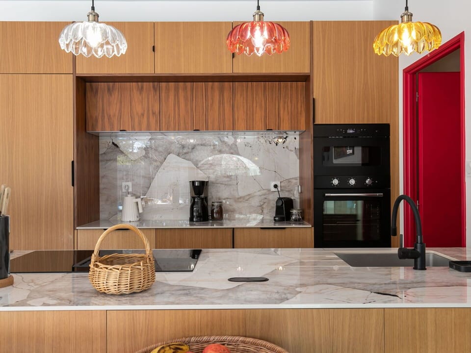 Kitchen, Interior Design, Furniture, Countertop, Flooring, Wood, Light Fixture, Ceiling, Kitchen Appliance, Floor