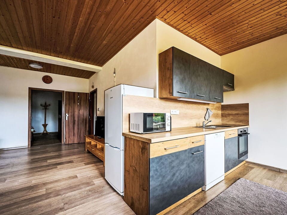 Cabinetry, Countertop, Kitchen Appliance, Building, Kitchen Stove, Wood, Interior Design, Kitchen, Lighting, Microwave Oven