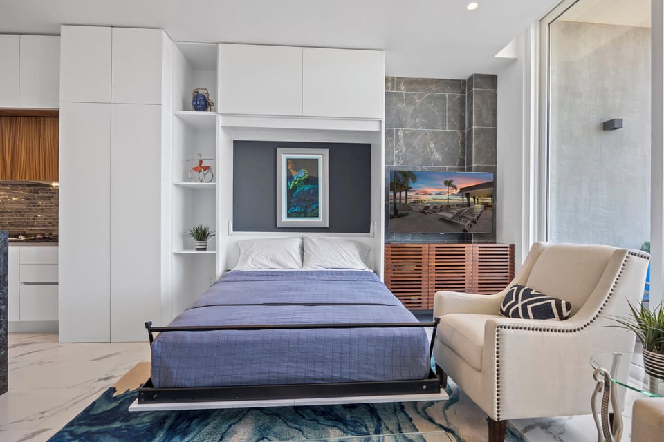A queen Murphy bed for a third guest