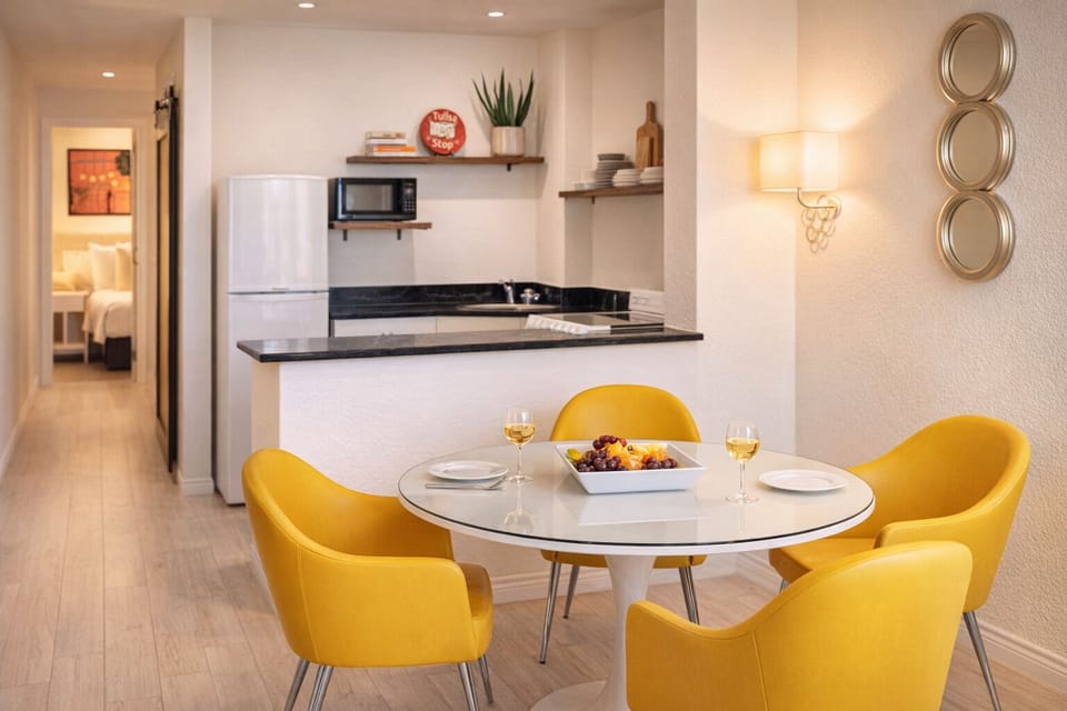 Sip wine and prep easy meals at the kitchenette.