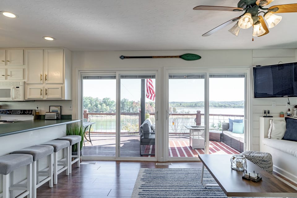 Glass sliding patio doors with built-in room darkening blinds. 