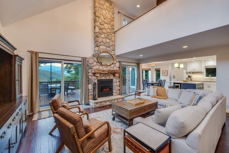 Stunning "River Rock" fireplace and large open living space is great for the whole family.