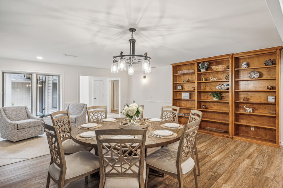 Custom crafted buffet is thoughtfully decorated with coastal details and board games