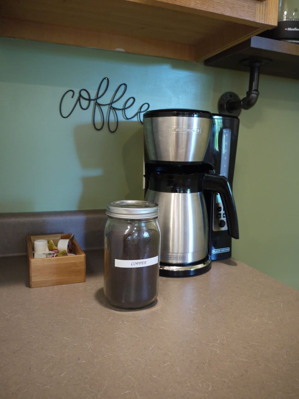 Coffee, creamers, coffee maker, and french press