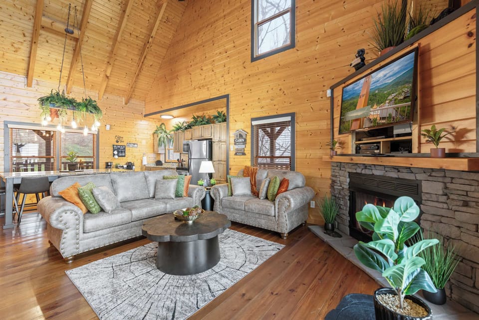 Living room with TV and Fireplace