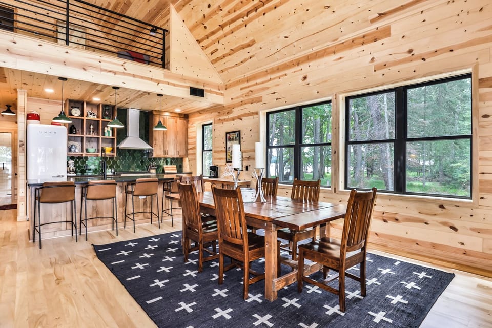 Gather around the rustic wood dining table