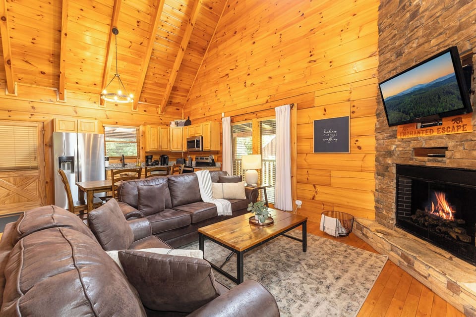 Open concept living an dining provides a great space for guests to relax.
