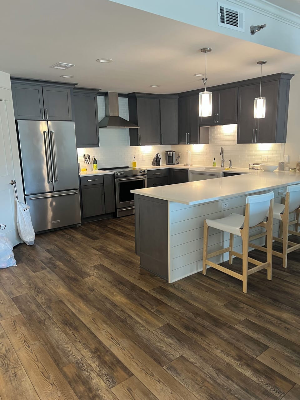 View of kitchen from dining/living area.