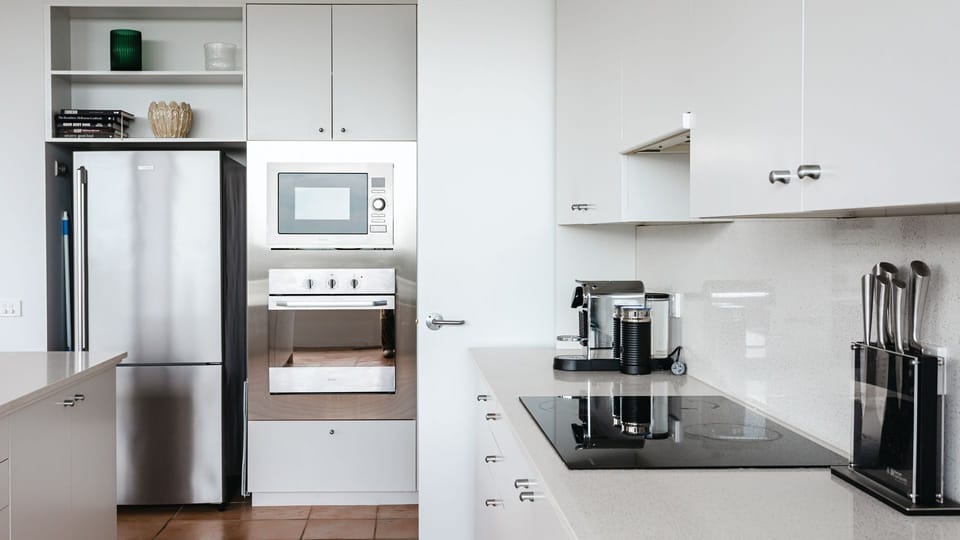 Open Kitchen, Breville Coffee Pod Machine, Milk Frother, Living room, and a Wood Fire
