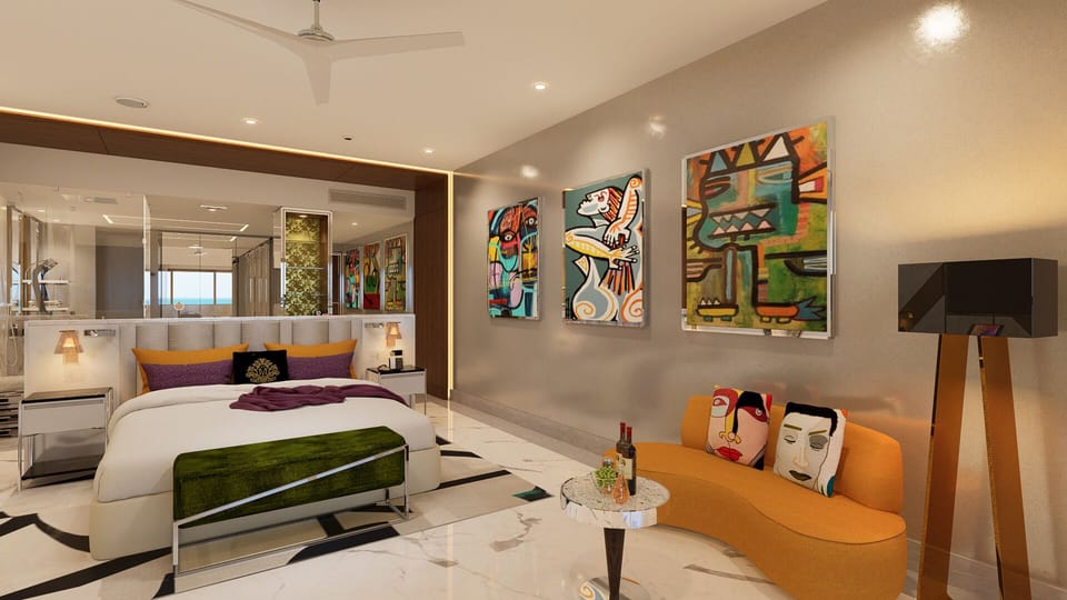 Vibrant art and modern luxury suite with ocean views at Hotel Mousai Cancun.