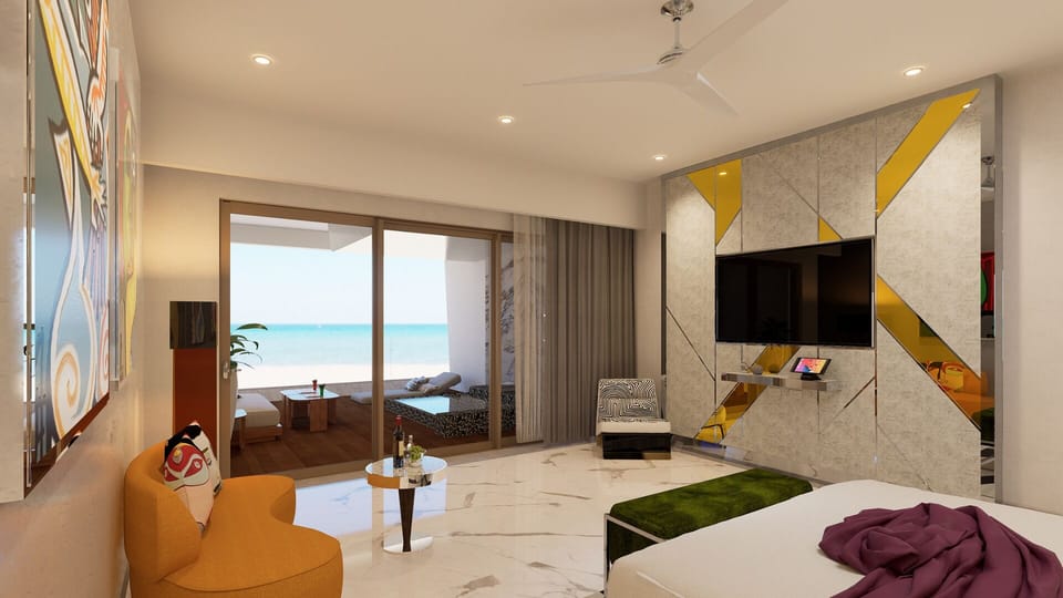 Beachfront suite with private terrace and ocean views at Hotel Mousai Cancun.