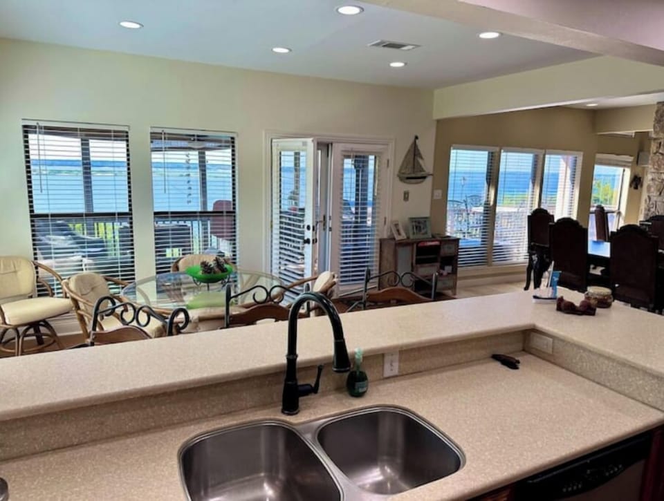 Sunset, Oklahoma and sand beach-island views from kitchen.