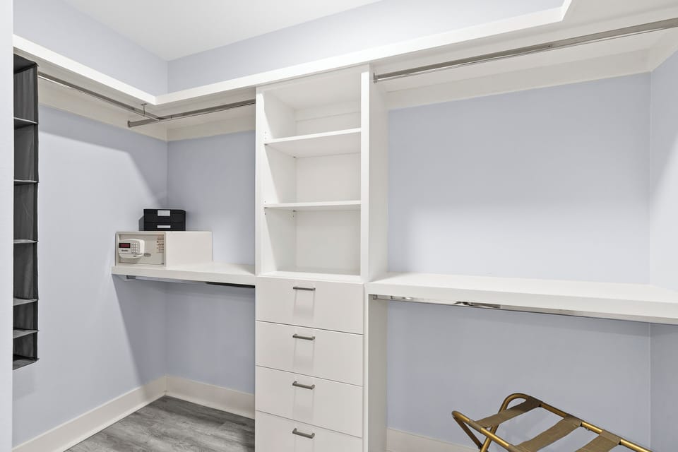 Walk-in closet and workspace for longer South Padre stays