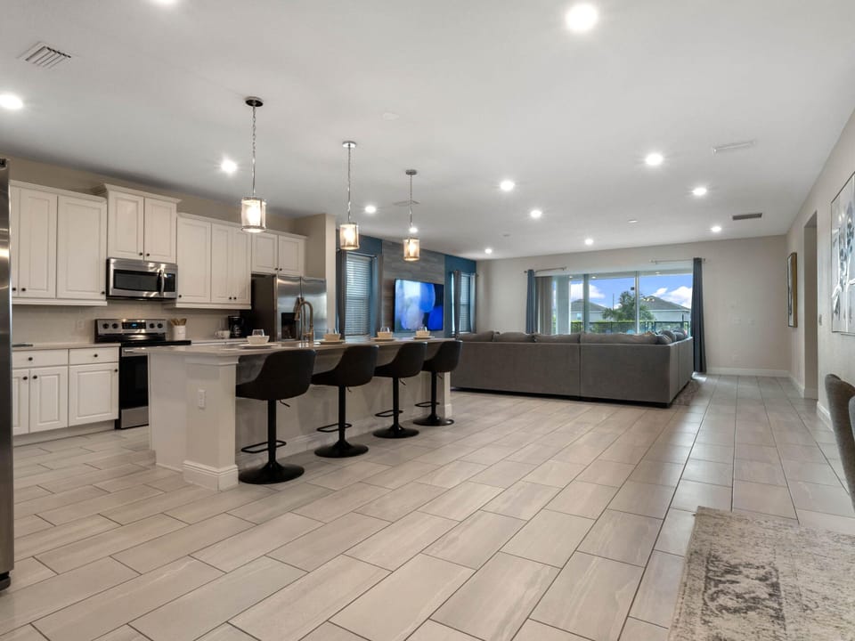 Kitchen, living, and dining area