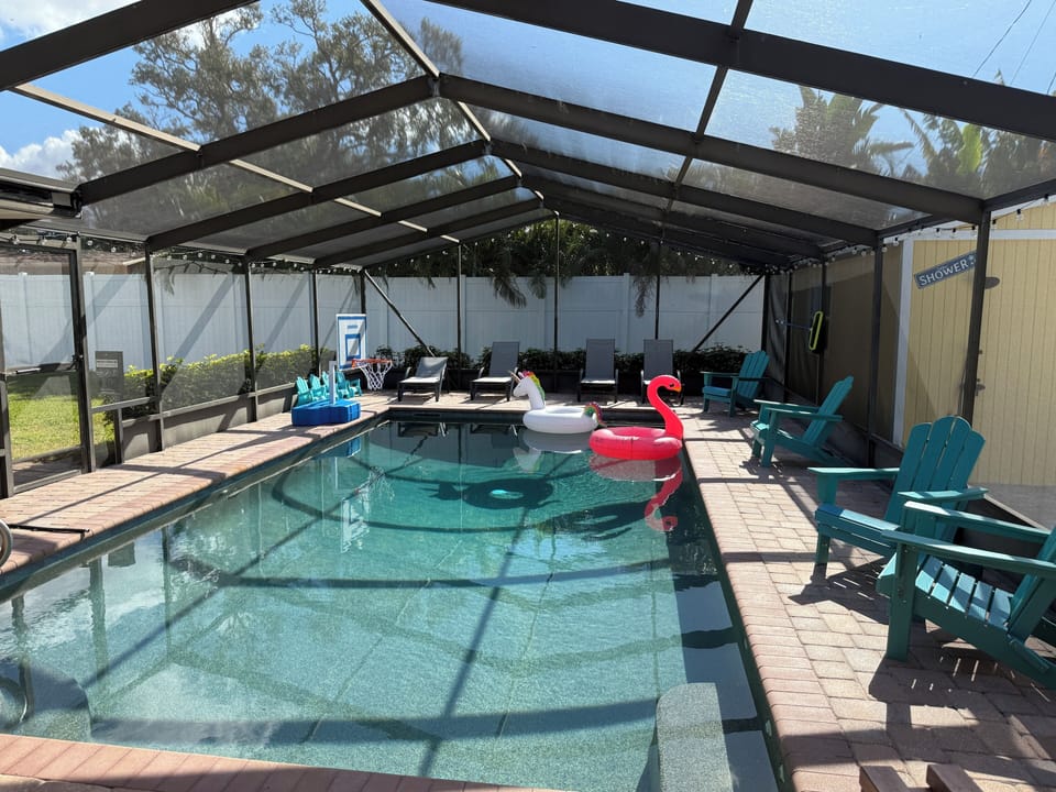 All new basketball hoop and new chair surrounding pool