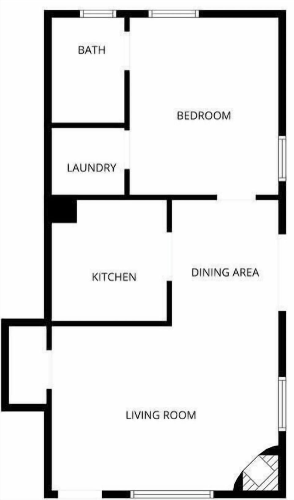 A thoughtfully designed layout featuring bedroom, full kitchen, dining area, living room, bath, and convenient laundry facilities for your comfort.
