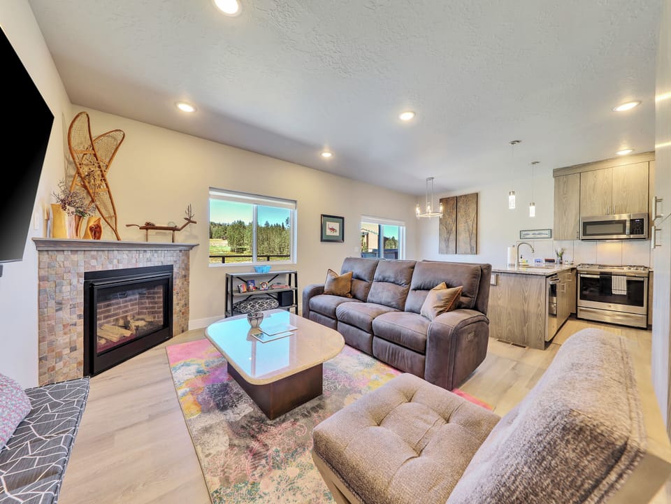 View of Living Room with Gas Fire Place, Mountain Views and 65" Flat Screen TV