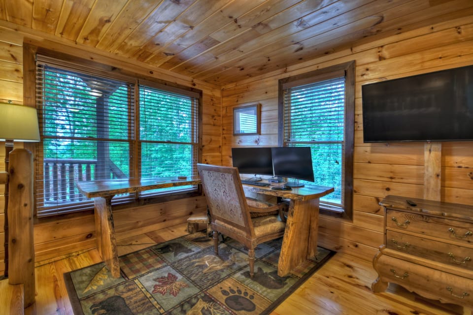 Workspace within Main Level Master Suite- Two monitors to plug in a laptop.