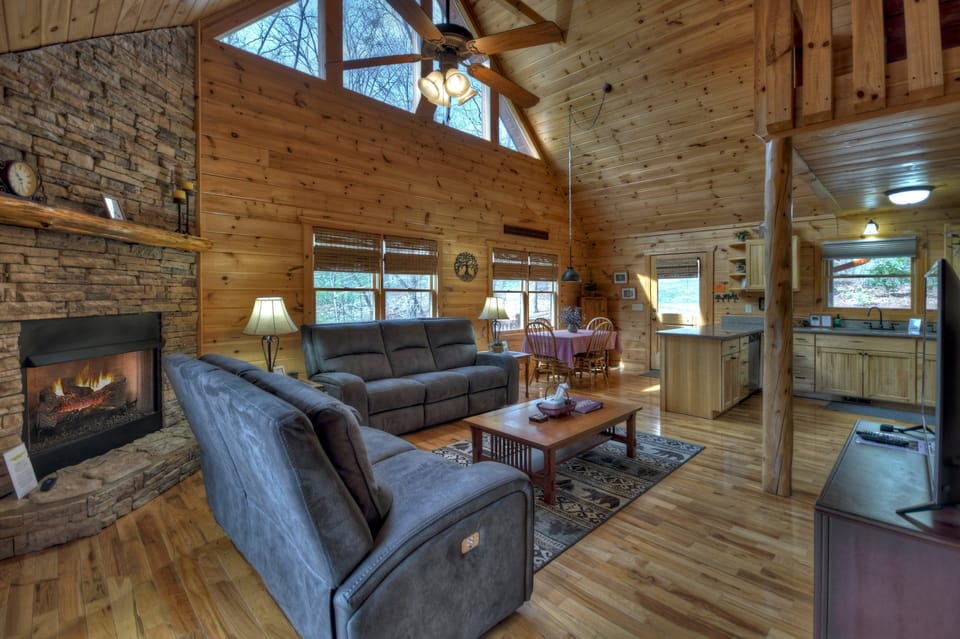 Main level living area with a seasonal gas fireplace 