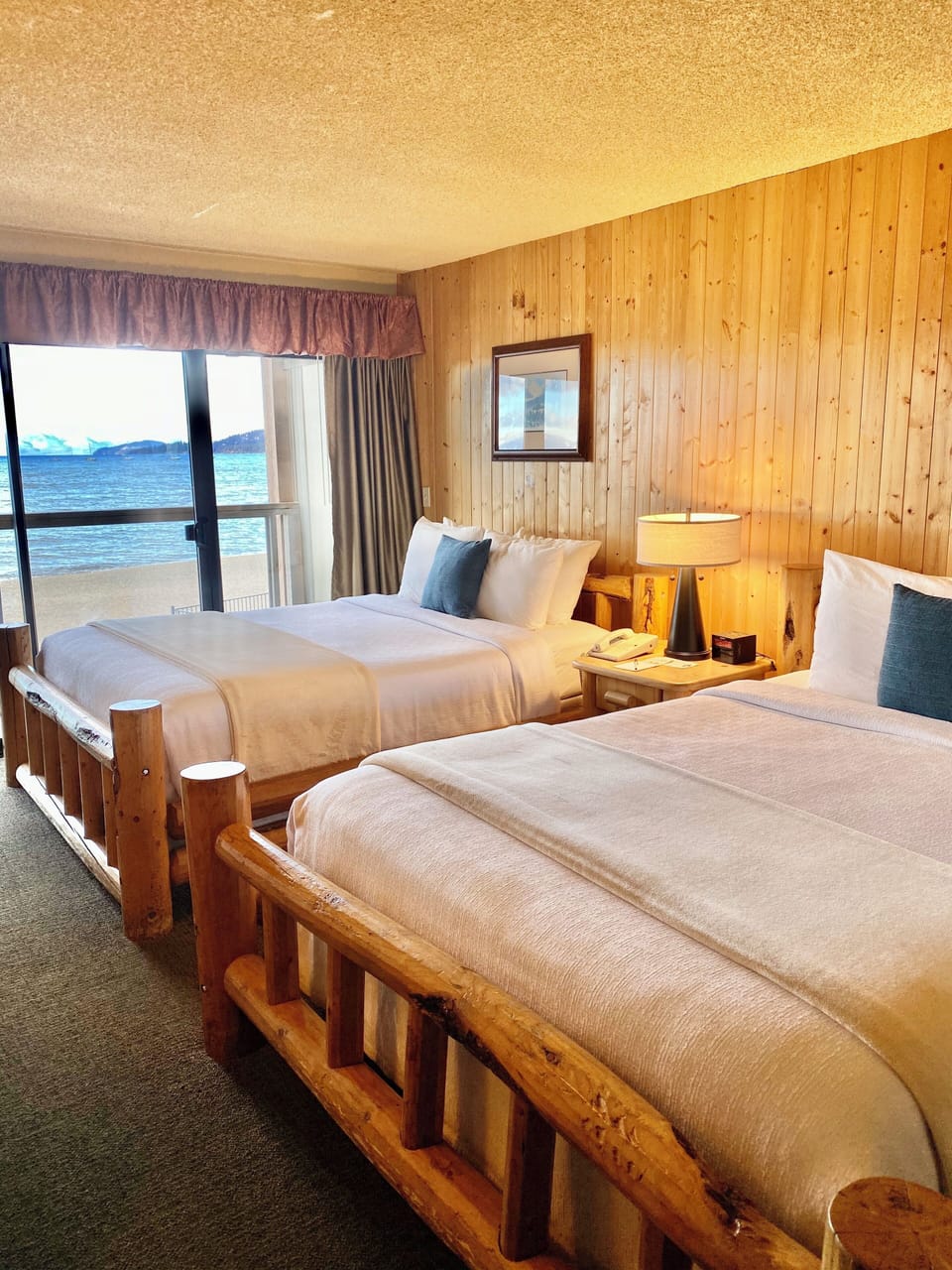 Wake up to shimmering lake views from crisp, comfy beds.