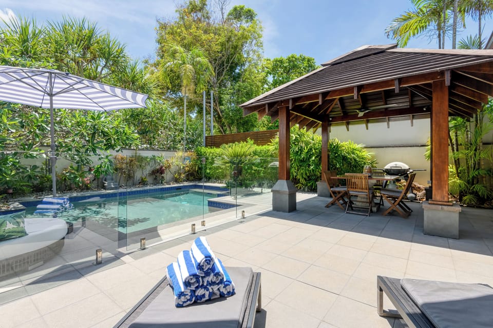 View of the pool looking towards the dining pavilion