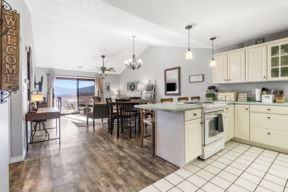 Kitchen, dining, and living area