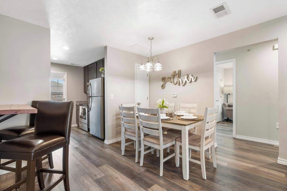 Dining table for 6, and additional stool seating