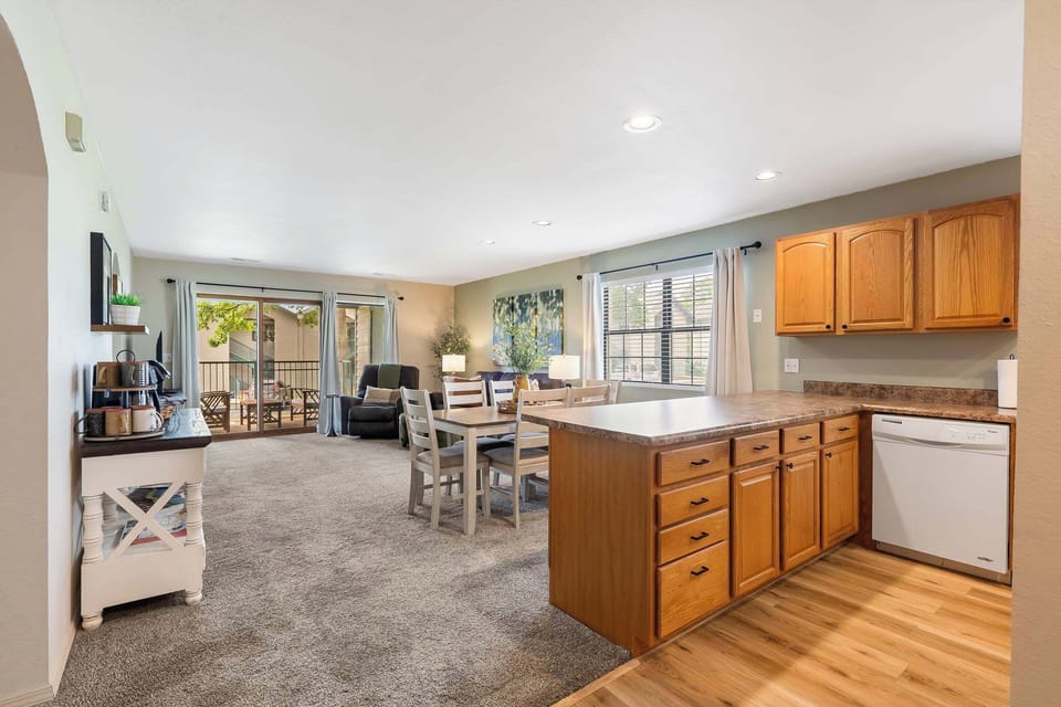 Kitchen, dining, and living area