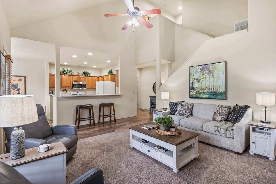 Living, dining, and kitchen area